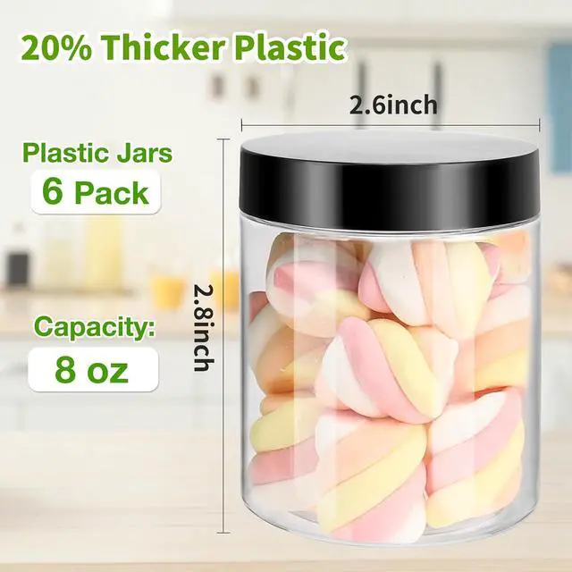 Alt view image 2 of 7 - Mfacoy 6 Pack Plastic Jars with Lids, 8 oz Clear Storage Container, Leakproof Plastic Mason Jars, Empty Round Slime Container, Cosmetic Jars for Storing Dry Food, Peanut, Spice, Cookie, Candy