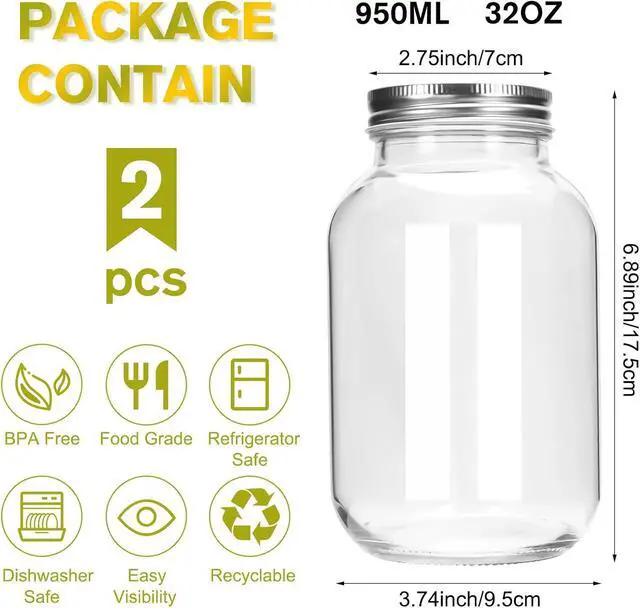 Alt view image 2 of 7 - 32oz Mason Jars with Lids, 2 Pack Regular Mouth Glass Canning Jars