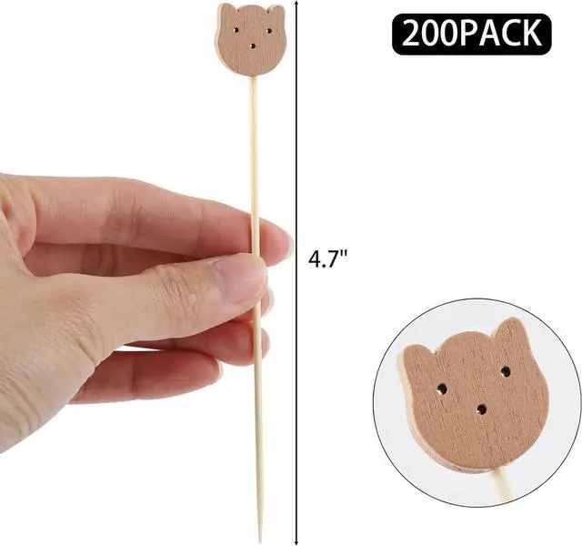 Alt view image 2 of 7 - 200 Pcs Bamboo Cocktail Picks 4.7 Inch Bear Face Cocktail Sticks Food Picks Garnish Sticks Decorative Toothpicks for Appetizers, Fruits, Dessert, Baby Shower, Birthday Wedding, Party Supplies