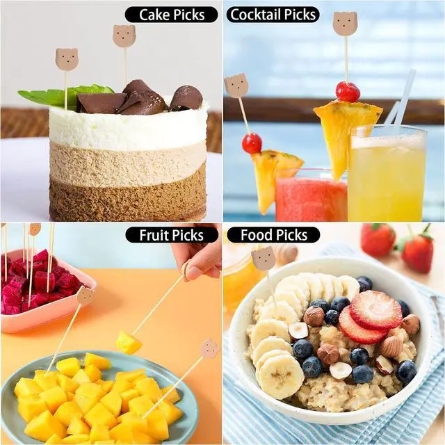 Alt view image 6 of 7 - 200 Pcs Bamboo Cocktail Picks 4.7 Inch Bear Face Cocktail Sticks Food Picks Garnish Sticks Decorative Toothpicks for Appetizers, Fruits, Dessert, Baby Shower, Birthday Wedding, Party Supplies