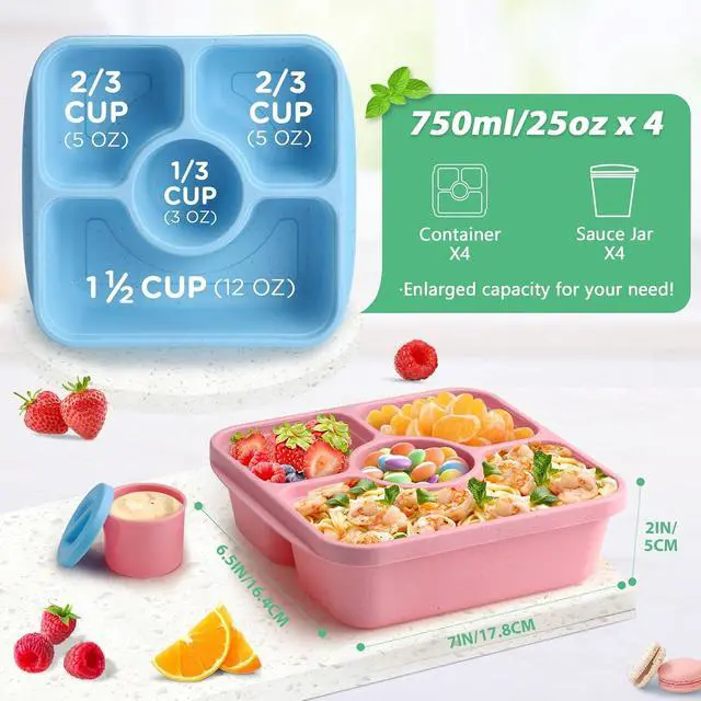Alt view image 2 of 7 - Bento Snack Box Containers for Adults Kids, 4 Pack Lunchable Meal Prep Containers Reusable, Stackable Bento Lunch Box, Food Storage Prep Containers with Lids and 4 Sauce Cups, Pastel Color, Clear Lid