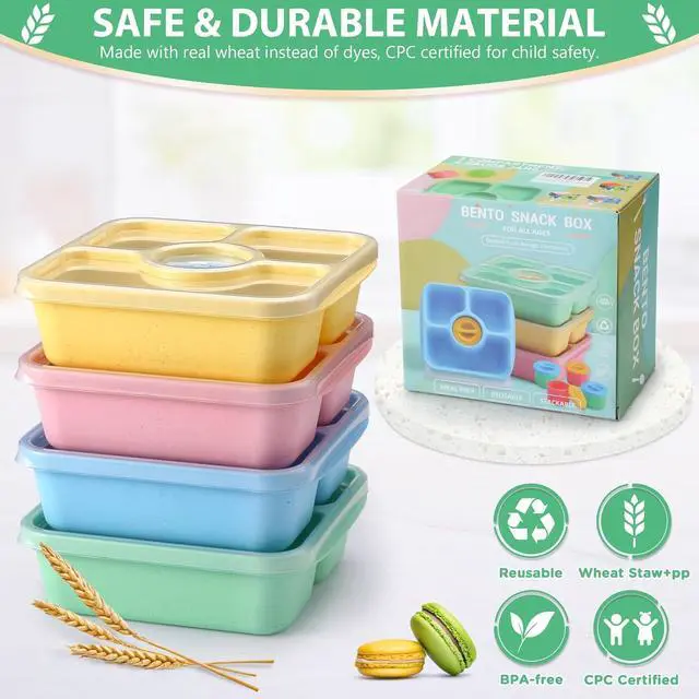 Alt view image 3 of 7 - Bento Snack Box Containers for Adults Kids, 4 Pack Lunchable Meal Prep Containers Reusable, Stackable Bento Lunch Box, Food Storage Prep Containers with Lids and 4 Sauce Cups, Pastel Color, Clear Lid