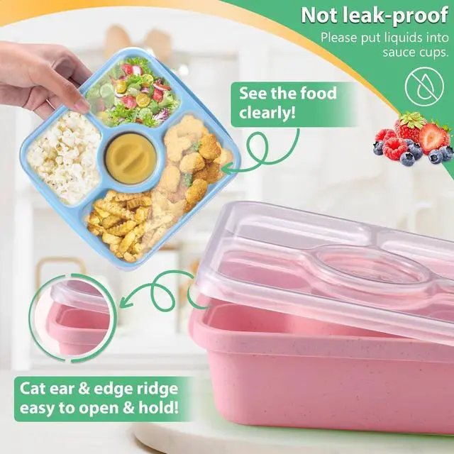 Alt view image 4 of 7 - Bento Snack Box Containers for Adults Kids, 4 Pack Lunchable Meal Prep Containers Reusable, Stackable Bento Lunch Box, Food Storage Prep Containers with Lids and 4 Sauce Cups, Pastel Color, Clear Lid