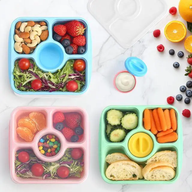 Alt view image 5 of 7 - Bento Snack Box Containers for Adults Kids, 4 Pack Lunchable Meal Prep Containers Reusable, Stackable Bento Lunch Box, Food Storage Prep Containers with Lids and 4 Sauce Cups, Pastel Color, Clear Lid