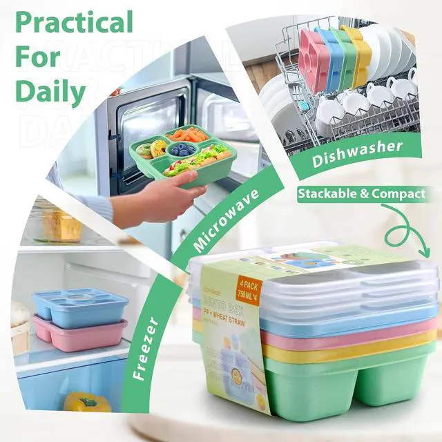 Alt view image 6 of 7 - Bento Snack Box Containers for Adults Kids, 4 Pack Lunchable Meal Prep Containers Reusable, Stackable Bento Lunch Box, Food Storage Prep Containers with Lids and 4 Sauce Cups, Pastel Color, Clear Lid
