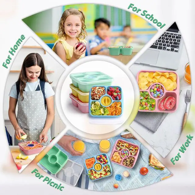 Alt view image 7 of 7 - Bento Snack Box Containers for Adults Kids, 4 Pack Lunchable Meal Prep Containers Reusable, Stackable Bento Lunch Box, Food Storage Prep Containers with Lids and 4 Sauce Cups, Pastel Color, Clear Lid