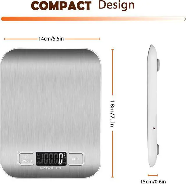 Alt view image 2 of 6 - Food Scale, 11lb Digital Kitchen Scale Weight Grams and oz for Baking Cooking, Stainless Steel and Tempered Glass Waterproof Body, 1g/0.1oz Precise Graduation