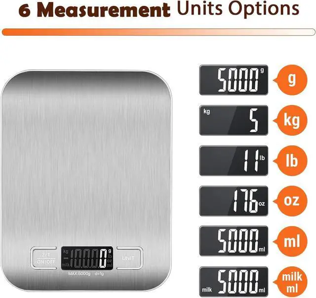 Alt view image 3 of 6 - Food Scale, 11lb Digital Kitchen Scale Weight Grams and oz for Baking Cooking, Stainless Steel and Tempered Glass Waterproof Body, 1g/0.1oz Precise Graduation