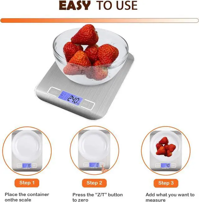 Alt view image 4 of 6 - Food Scale, 11lb Digital Kitchen Scale Weight Grams and oz for Baking Cooking, Stainless Steel and Tempered Glass Waterproof Body, 1g/0.1oz Precise Graduation