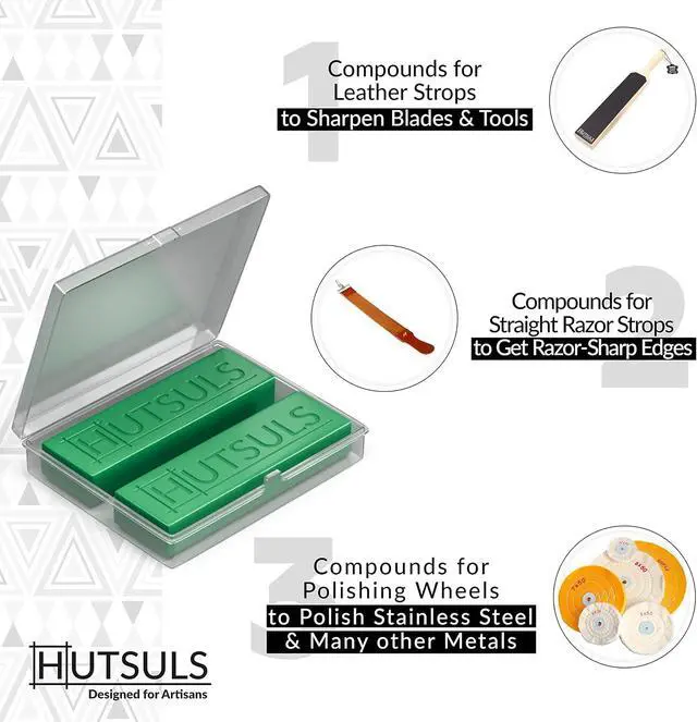 Alt view image 2 of 6 - Hutsuls Knife Stropping Compound With Case - (2-Pack, 5 Oz Total) for Razor-Sharp Edges, Green Buffing Bars Easy to Use With Leather Strop Guide