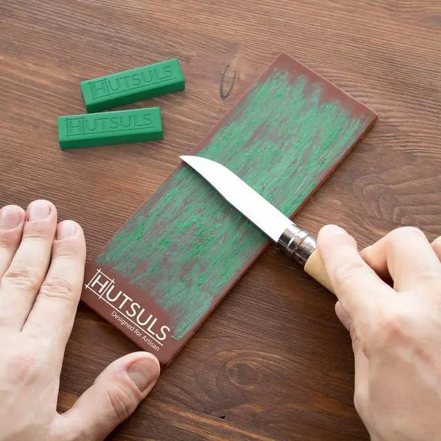 Alt view image 5 of 6 - Hutsuls Knife Stropping Compound With Case - (2-Pack, 5 Oz Total) for Razor-Sharp Edges, Green Buffing Bars Easy to Use With Leather Strop Guide