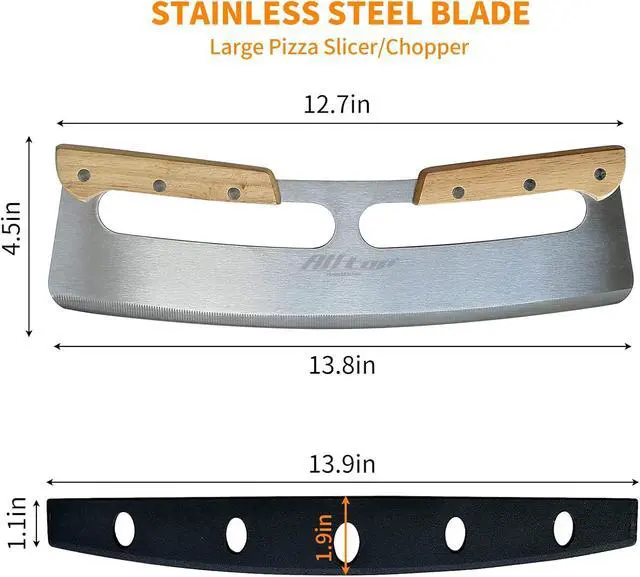 Alt view image 2 of 7 - ALLTOP Pizza Cutter Rocker,Stainless Steel Blade Knife With Double Wooden Handle & Plastic Cover, Large Pizza Slicer/Chopper, Essential Kitchen Tool -14 In