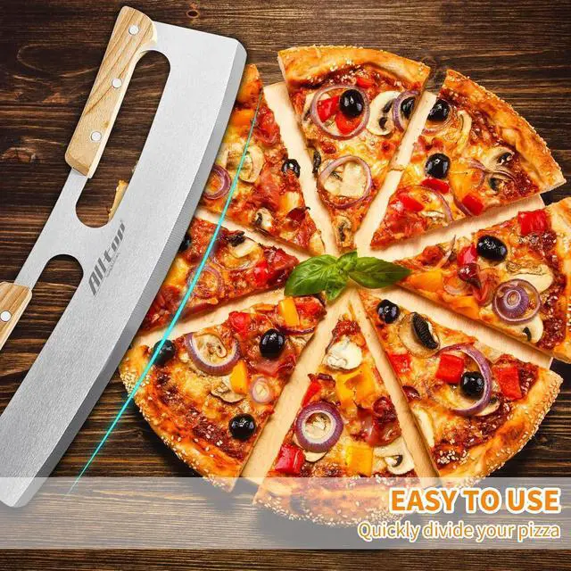 Alt view image 3 of 7 - ALLTOP Pizza Cutter Rocker,Stainless Steel Blade Knife With Double Wooden Handle & Plastic Cover, Large Pizza Slicer/Chopper, Essential Kitchen Tool -14 In