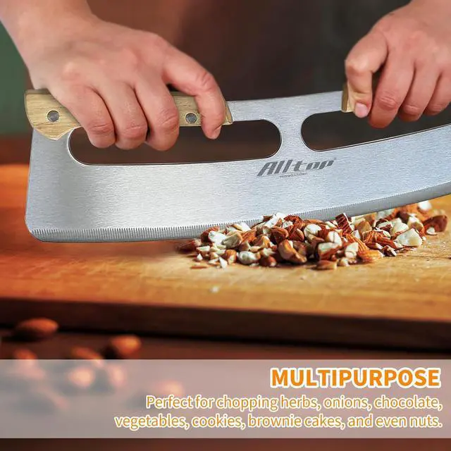 Alt view image 5 of 7 - ALLTOP Pizza Cutter Rocker,Stainless Steel Blade Knife With Double Wooden Handle & Plastic Cover, Large Pizza Slicer/Chopper, Essential Kitchen Tool -14 In