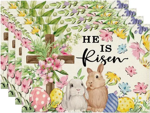 Main image of Artoid Mode Bunny Rabbits Flower Colorful Eggs Easter Placemats Set of 4, 12x18 Inch Seasonal Spring Table Mats for Party Kitchen Dining Decoration