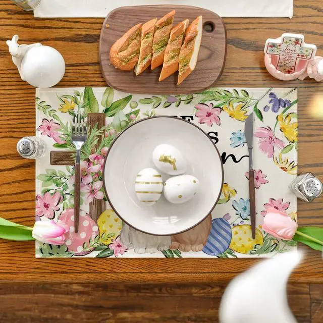 Alt view image 2 of 6 - Artoid Mode Bunny Rabbits Flower Colorful Eggs Easter Placemats Set of 4, 12x18 Inch Seasonal Spring Table Mats for Party Kitchen Dining Decoration