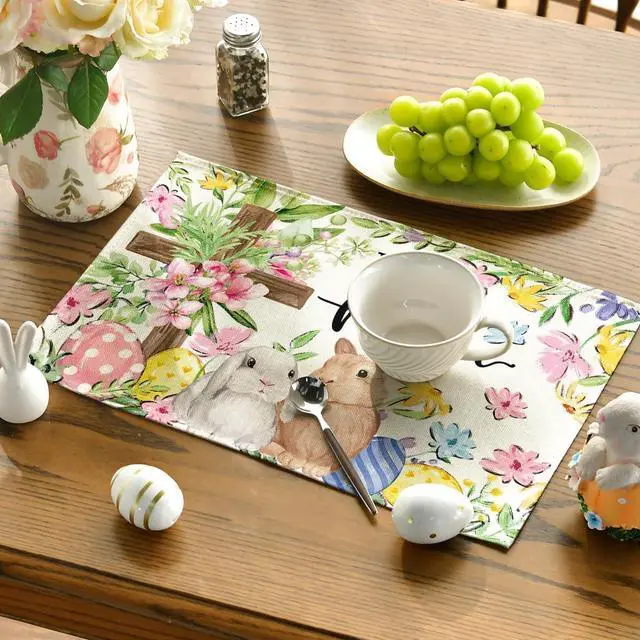 Alt view image 3 of 6 - Artoid Mode Bunny Rabbits Flower Colorful Eggs Easter Placemats Set of 4, 12x18 Inch Seasonal Spring Table Mats for Party Kitchen Dining Decoration