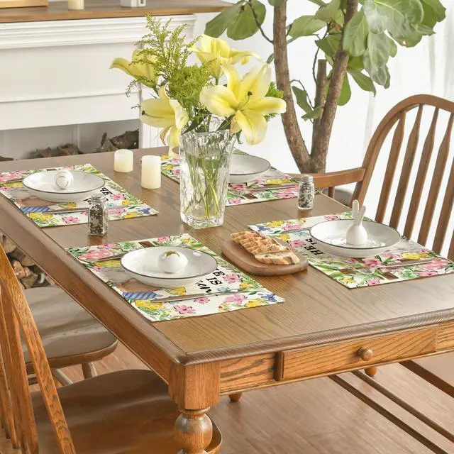 Alt view image 4 of 6 - Artoid Mode Bunny Rabbits Flower Colorful Eggs Easter Placemats Set of 4, 12x18 Inch Seasonal Spring Table Mats for Party Kitchen Dining Decoration