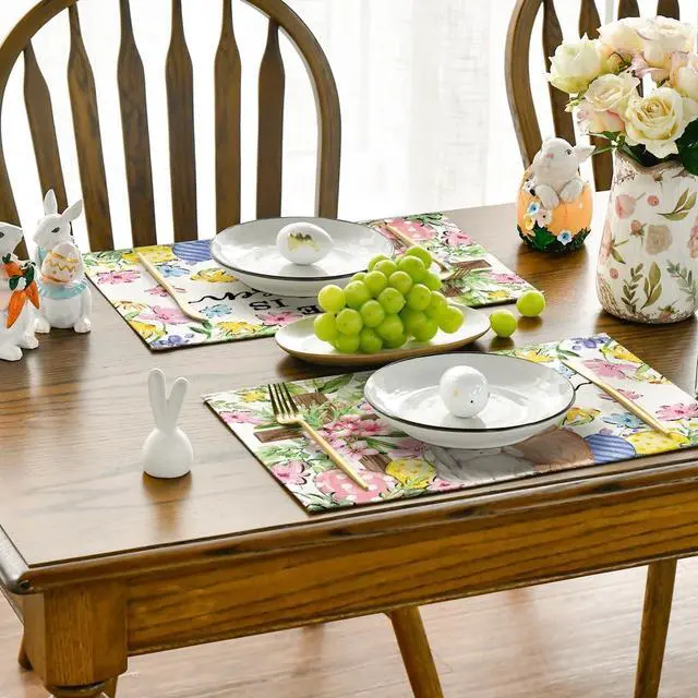 Alt view image 5 of 6 - Artoid Mode Bunny Rabbits Flower Colorful Eggs Easter Placemats Set of 4, 12x18 Inch Seasonal Spring Table Mats for Party Kitchen Dining Decoration