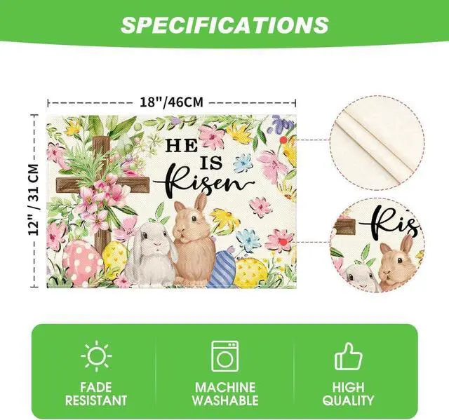 Alt view image 6 of 6 - Artoid Mode Bunny Rabbits Flower Colorful Eggs Easter Placemats Set of 4, 12x18 Inch Seasonal Spring Table Mats for Party Kitchen Dining Decoration