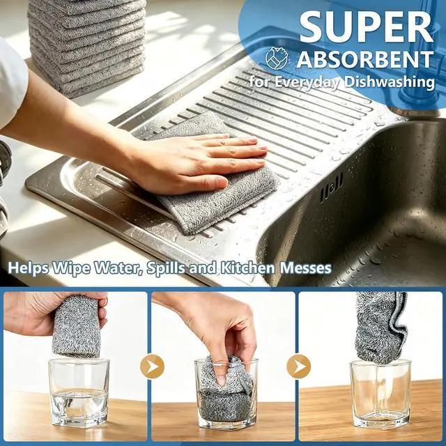 Alt view image 3 of 7 - Kitchen Dish Cloths, 12 Pack, 10 x 10 Inches, Super Absorbent Microfiber Dish Towels, Soft Lint Free Reusable Dish Rags for Washing Dishes, Drying, Counters and Sink, Grey