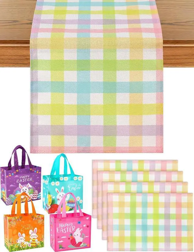 Main image of multiwins Easter Table Runner (13"x72") with 4 Placemats (12"x18") & 4 Gift Bags, Thick Fabric Pastel Buffalo Plaid Easter Decorations for Farmhouse Kitchen Dining Room Spring Party