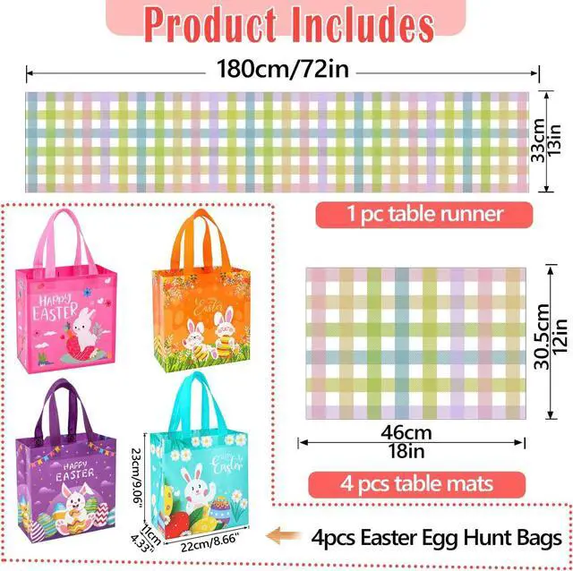 Alt view image 2 of 7 - multiwins Easter Table Runner (13"x72") with 4 Placemats (12"x18") & 4 Gift Bags, Thick Fabric Pastel Buffalo Plaid Easter Decorations for Farmhouse Kitchen Dining Room Spring Party