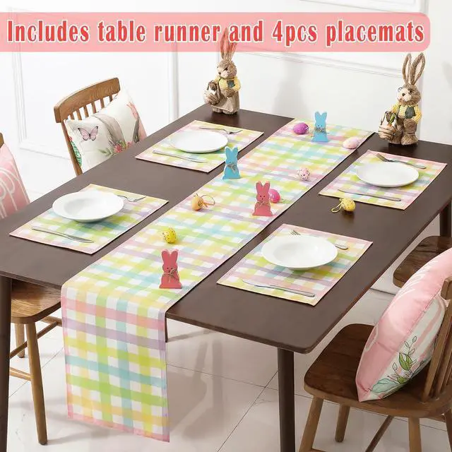 Alt view image 3 of 7 - multiwins Easter Table Runner (13"x72") with 4 Placemats (12"x18") & 4 Gift Bags, Thick Fabric Pastel Buffalo Plaid Easter Decorations for Farmhouse Kitchen Dining Room Spring Party