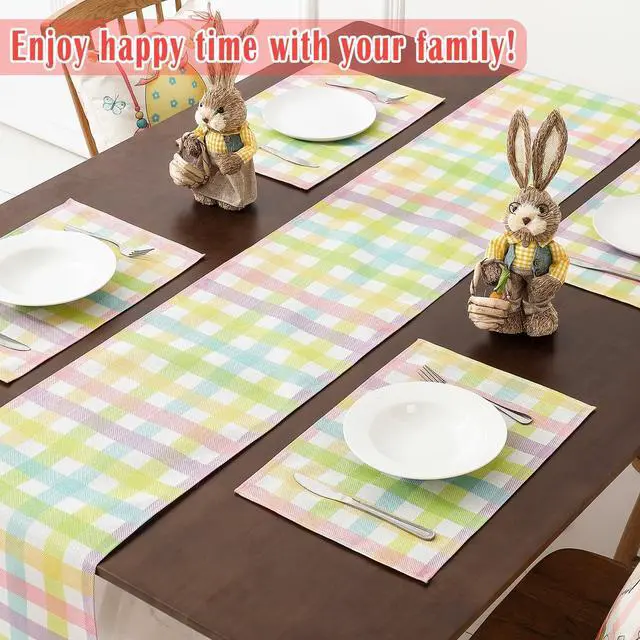 Alt view image 5 of 7 - multiwins Easter Table Runner (13"x72") with 4 Placemats (12"x18") & 4 Gift Bags, Thick Fabric Pastel Buffalo Plaid Easter Decorations for Farmhouse Kitchen Dining Room Spring Party