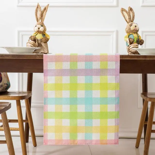 Alt view image 6 of 7 - multiwins Easter Table Runner (13"x72") with 4 Placemats (12"x18") & 4 Gift Bags, Thick Fabric Pastel Buffalo Plaid Easter Decorations for Farmhouse Kitchen Dining Room Spring Party
