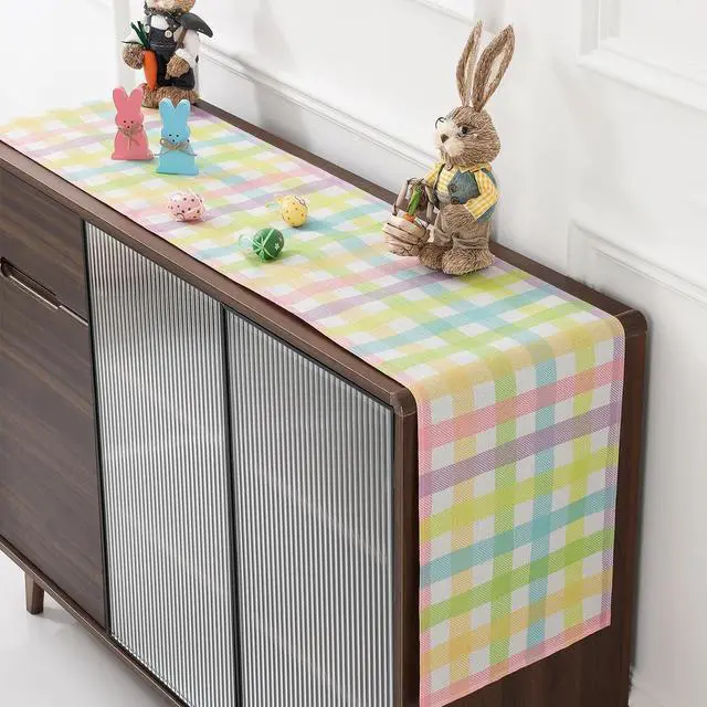 Alt view image 7 of 7 - multiwins Easter Table Runner (13"x72") with 4 Placemats (12"x18") & 4 Gift Bags, Thick Fabric Pastel Buffalo Plaid Easter Decorations for Farmhouse Kitchen Dining Room Spring Party
