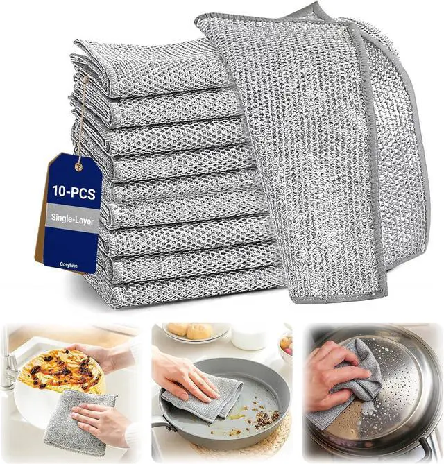Main image of Non-Scratch Wire Dish Cloth, 10PCS Single Layer Multipurpose Wire Dishwashing Rags for Wet and Dry, Dish Cloths for Washing Dishes, Stovetops, Kitchen Countertops with Ease