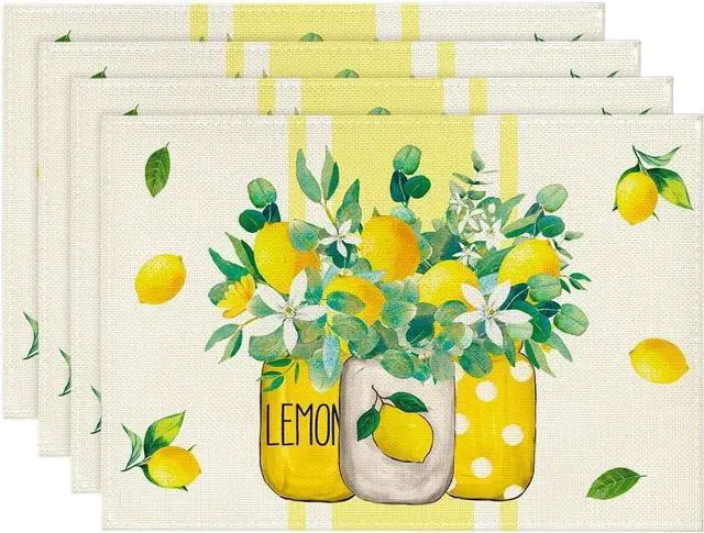 Main image of Artoid Mode Yellow Stripes Vase Lemon Summer Placemats Set of 4, 12x18 Inch Seasonal Spring Table Mats for Party Kitchen Dining Decoration