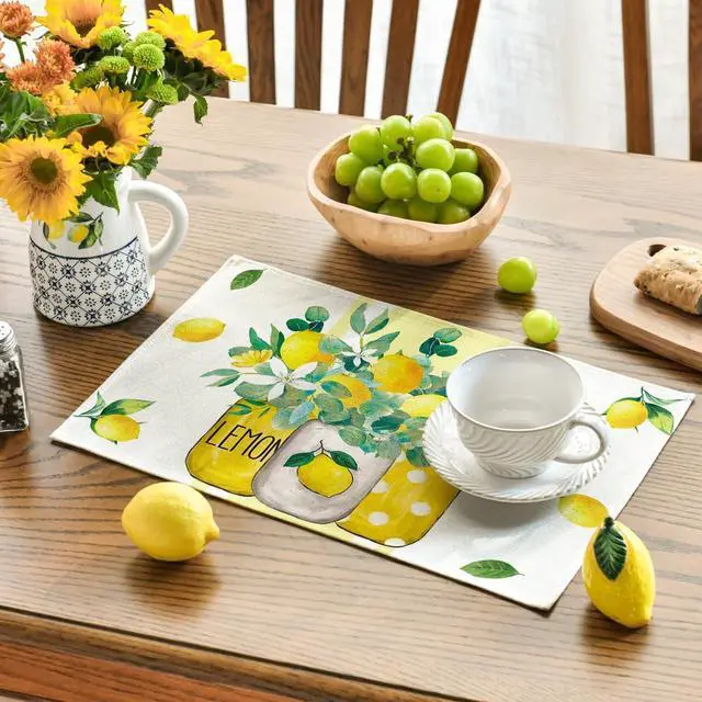 Alt view image 3 of 7 - Artoid Mode Yellow Stripes Vase Lemon Summer Placemats Set of 4, 12x18 Inch Seasonal Spring Table Mats for Party Kitchen Dining Decoration