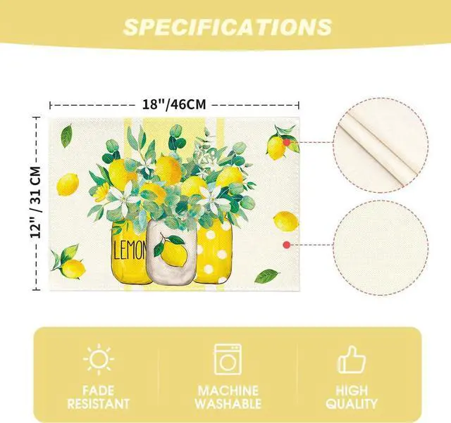 Alt view image 6 of 7 - Artoid Mode Yellow Stripes Vase Lemon Summer Placemats Set of 4, 12x18 Inch Seasonal Spring Table Mats for Party Kitchen Dining Decoration