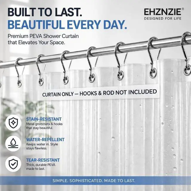 Alt view image 2 of 7 - EHZNZIE Crystal Clear Shower Curtain Liner 72x72, PEVA Waterproof Bath Curtain, No Chemical Smell, 3 Weighted Magnets, Durable with Rustproof Metal Grommets