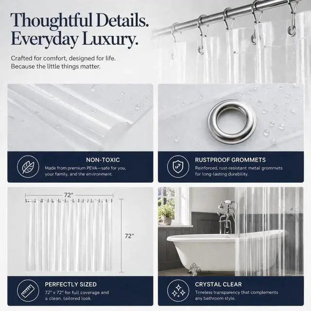 Alt view image 3 of 7 - EHZNZIE Crystal Clear Shower Curtain Liner 72x72, PEVA Waterproof Bath Curtain, No Chemical Smell, 3 Weighted Magnets, Durable with Rustproof Metal Grommets