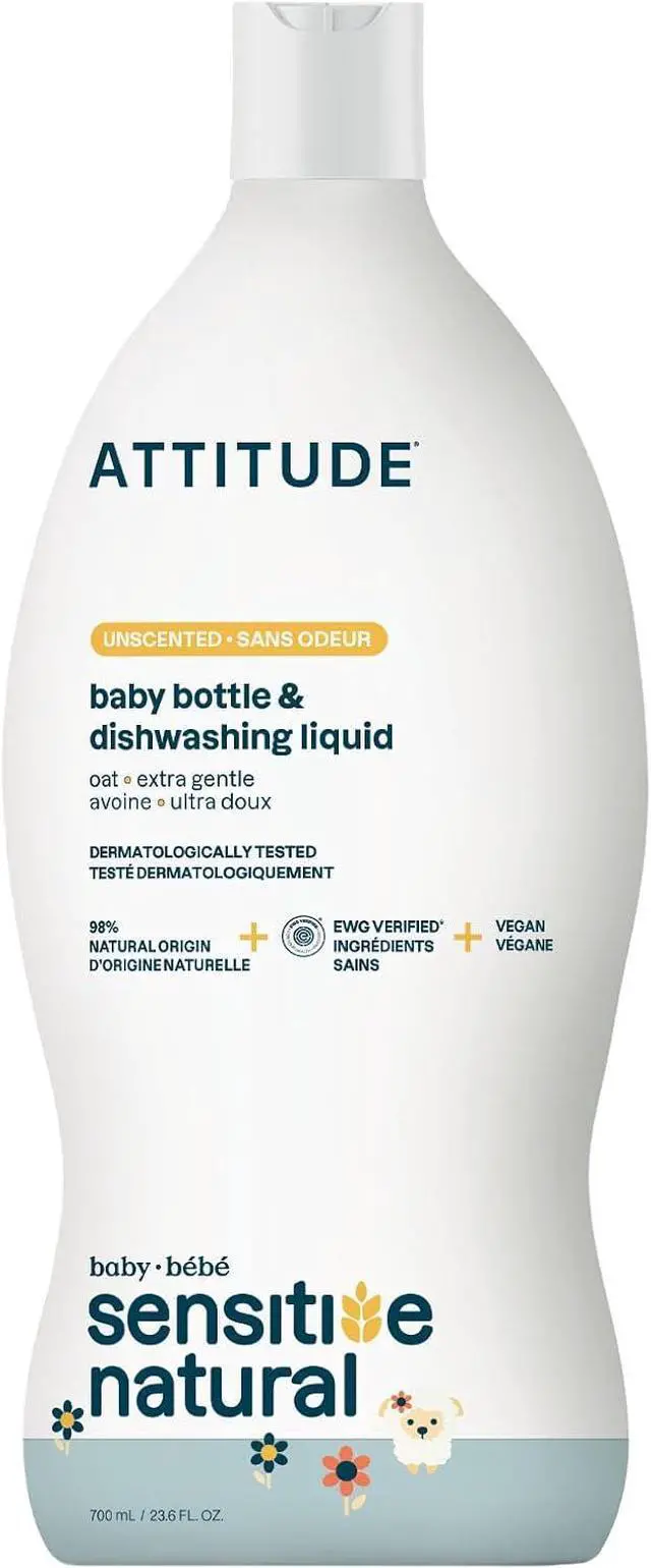 Main image of ATTITUDE Baby Bottle & Dish Soap with Oat Extract, EWG Verified Bottle Cleaner For Sensitive Skin, Fragrance Free & Dye Free, Removes Milk Residue & Grease, Vegan, Unscented, 23.7 Fl Oz