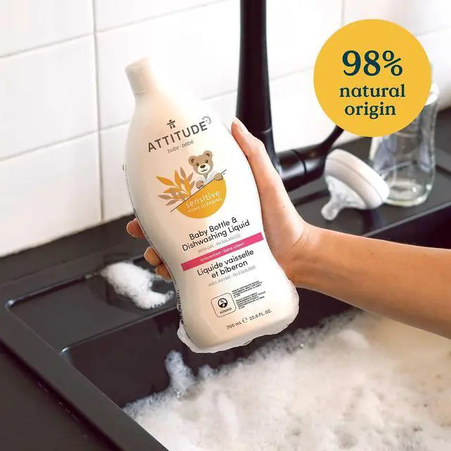 Alt view image 3 of 7 - ATTITUDE Baby Bottle & Dish Soap with Oat Extract, EWG Verified Bottle Cleaner For Sensitive Skin, Fragrance Free & Dye Free, Removes Milk Residue & Grease, Vegan, Unscented, 23.7 Fl Oz