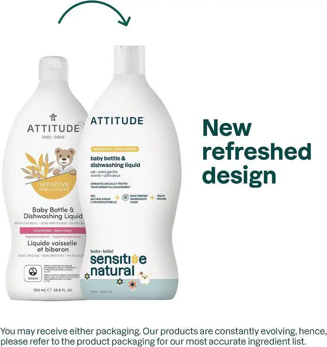 Alt view image 2 of 7 - ATTITUDE Baby Bottle & Dish Soap with Oat Extract, EWG Verified Bottle Cleaner For Sensitive Skin, Fragrance Free & Dye Free, Removes Milk Residue & Grease, Vegan, Unscented, 23.7 Fl Oz