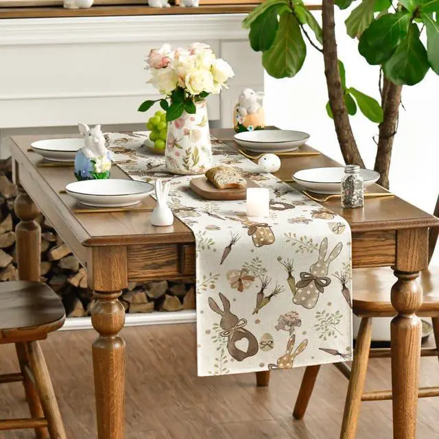 Alt view image 3 of 7 - Artoid Mode Bunny Rabbit Eucalyptus Eggs Carrots Easter Table Runner, Seasonal Spring Kitchen Dining Table Decoration for Home Party Decor 13x72 Inch
