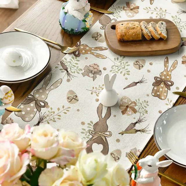 Alt view image 4 of 7 - Artoid Mode Bunny Rabbit Eucalyptus Eggs Carrots Easter Table Runner, Seasonal Spring Kitchen Dining Table Decoration for Home Party Decor 13x72 Inch