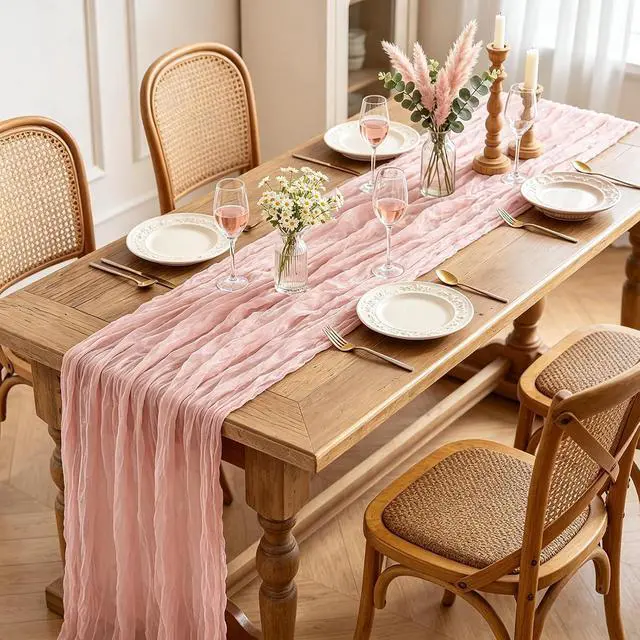 Alt view image 2 of 7 - Pink Cheesecloth Table Runner, 10FT Dusty Pink Boho Gauze Table Runner for Spring Easter Girl Baby Shower Bridal Shower Wedding Tea Party Pink Birthday Decorations