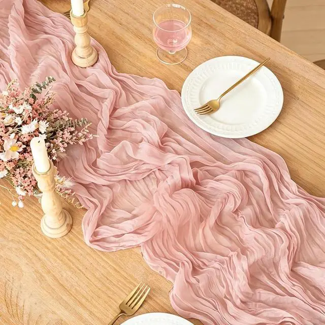 Alt view image 3 of 7 - Pink Cheesecloth Table Runner, 10FT Dusty Pink Boho Gauze Table Runner for Spring Easter Girl Baby Shower Bridal Shower Wedding Tea Party Pink Birthday Decorations