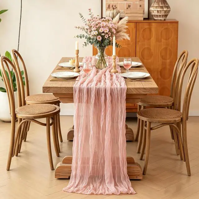 Alt view image 4 of 7 - Pink Cheesecloth Table Runner, 10FT Dusty Pink Boho Gauze Table Runner for Spring Easter Girl Baby Shower Bridal Shower Wedding Tea Party Pink Birthday Decorations
