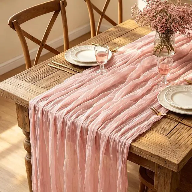 Alt view image 5 of 7 - Pink Cheesecloth Table Runner, 10FT Dusty Pink Boho Gauze Table Runner for Spring Easter Girl Baby Shower Bridal Shower Wedding Tea Party Pink Birthday Decorations