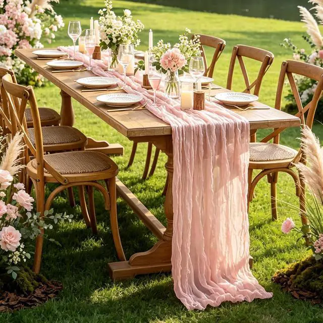 Alt view image 6 of 7 - Pink Cheesecloth Table Runner, 10FT Dusty Pink Boho Gauze Table Runner for Spring Easter Girl Baby Shower Bridal Shower Wedding Tea Party Pink Birthday Decorations