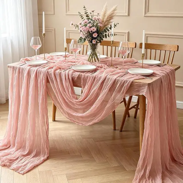 Alt view image 7 of 7 - Pink Cheesecloth Table Runner, 10FT Dusty Pink Boho Gauze Table Runner for Spring Easter Girl Baby Shower Bridal Shower Wedding Tea Party Pink Birthday Decorations