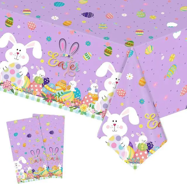 Main image of 2 Pack Easter Tablecloth - 54" x 108" Disposable Easter Bunny Plastic Table Cloth, Purple Rectangle Spring Table Cover for Indoor or Outdoor Easter Party Decorations