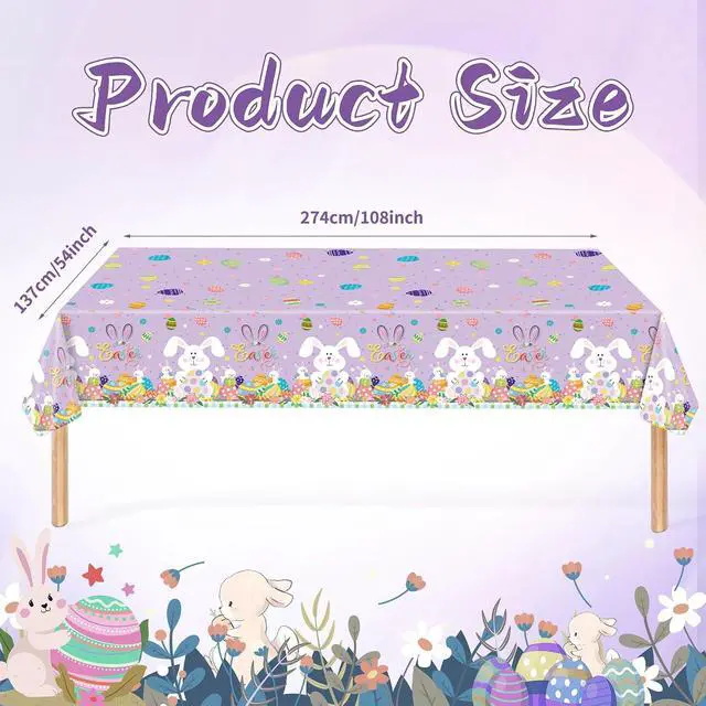 Alt view image 2 of 7 - 2 Pack Easter Tablecloth - 54" x 108" Disposable Easter Bunny Plastic Table Cloth, Purple Rectangle Spring Table Cover for Indoor or Outdoor Easter Party Decorations